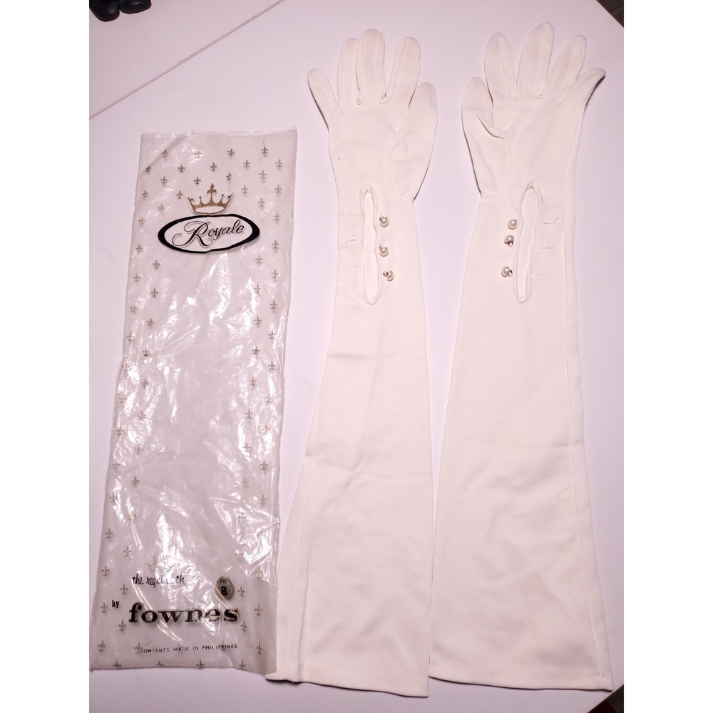 Vintage Fownes White Long Elbow Length Opera Gloves Size 8 Pearl